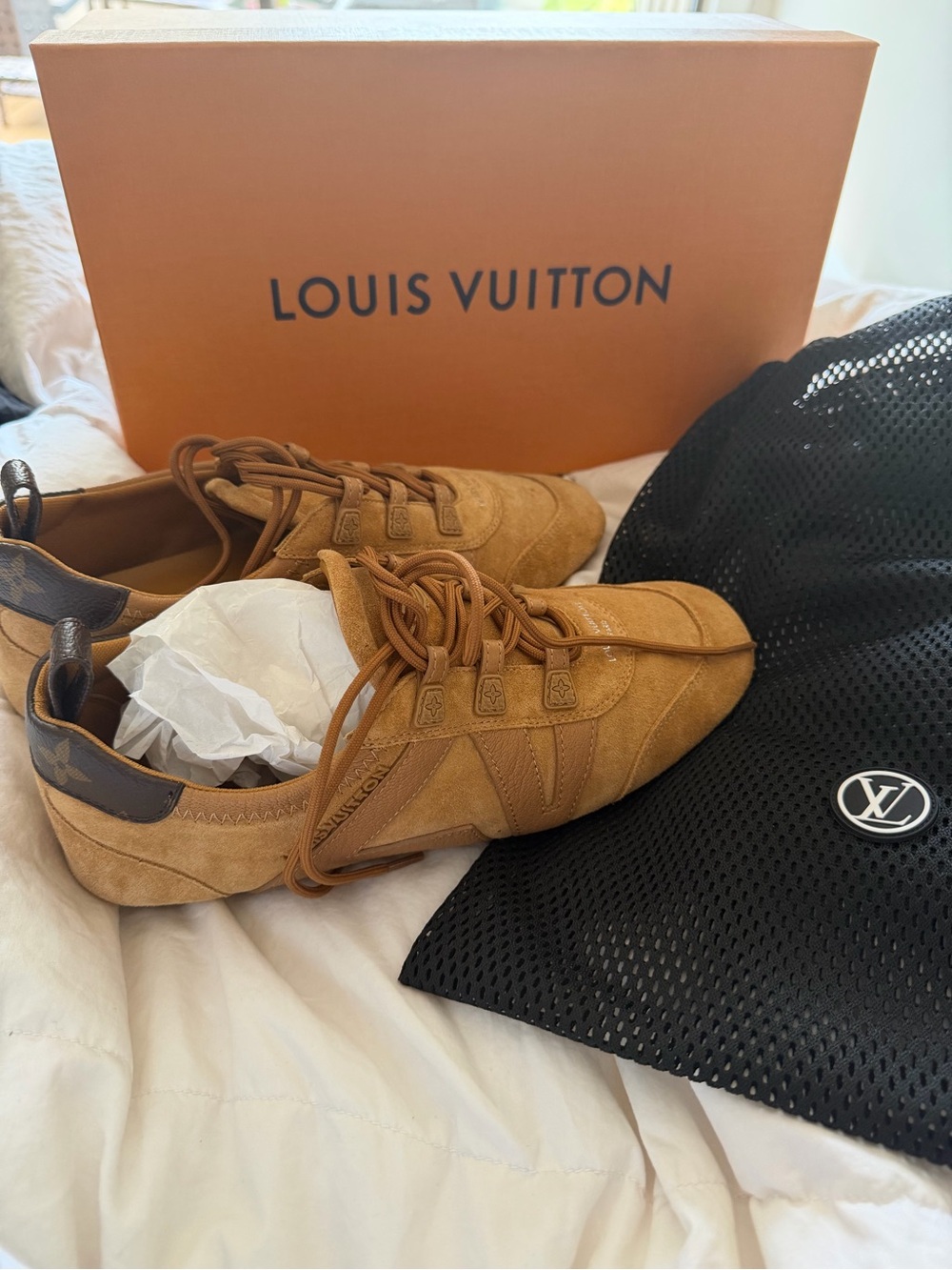 Louis Vuitton women’s  Tan Suede Sneakers with Brown Heel Tab